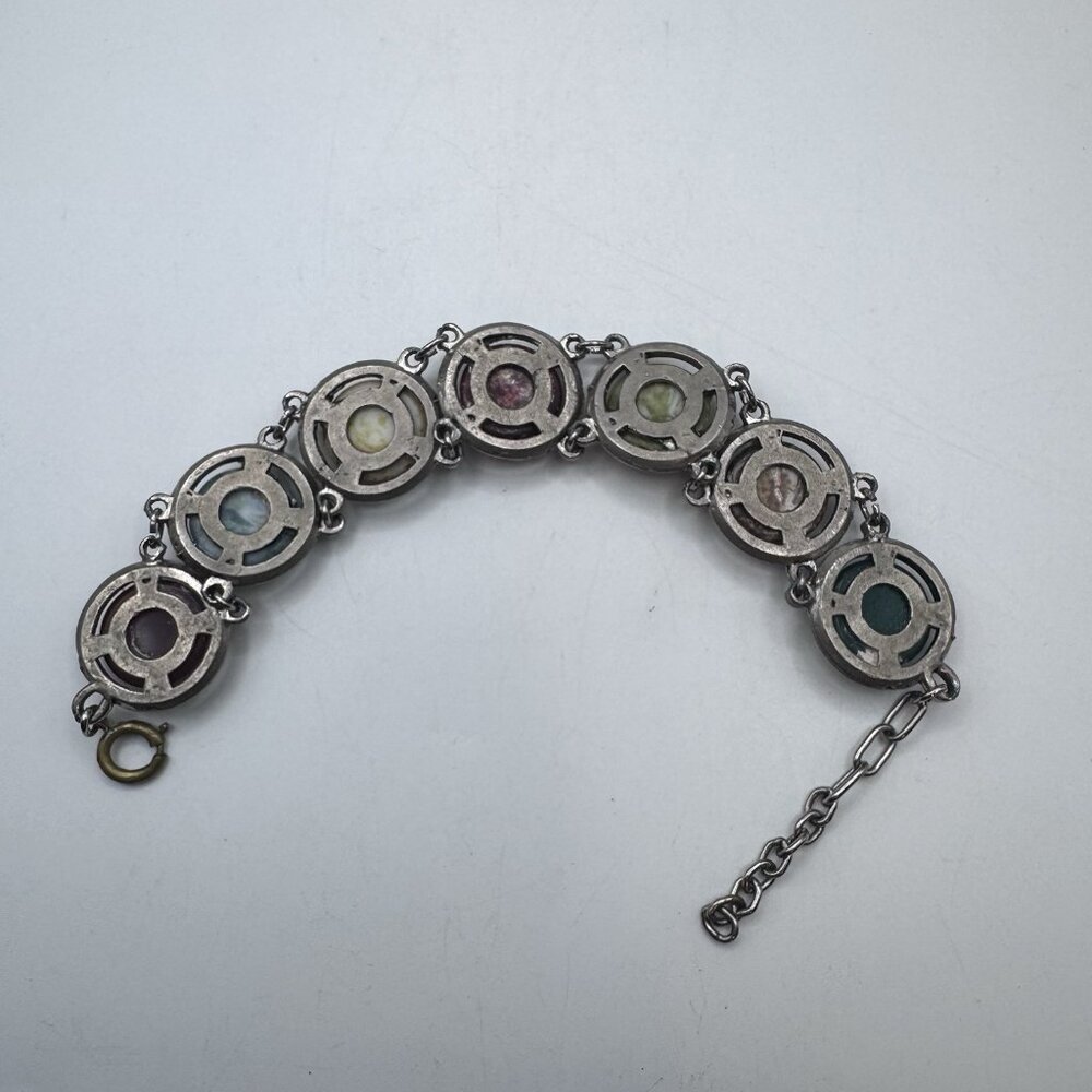 Vintage Large Scarab Gem Stone Double Link Bracelet Silver Tone Unsigned Adjust - Picture 7 of 12